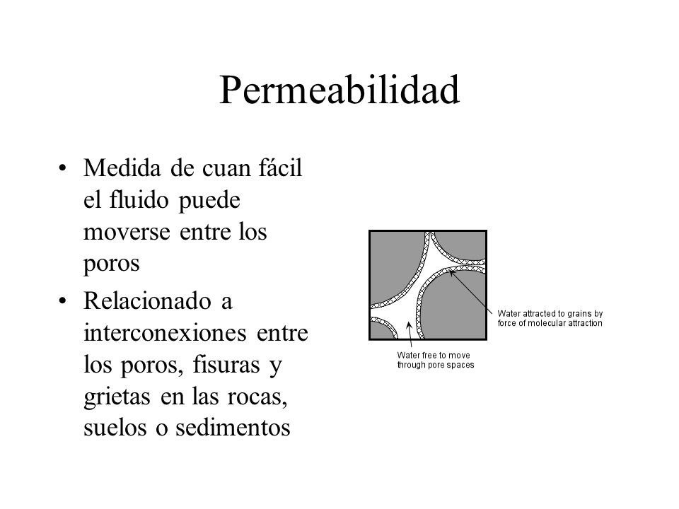 Permeabilidad Medida de cuan fácil el fluido puede moverse entre los poros.