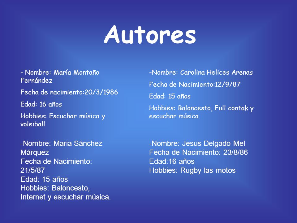 Autores -Nombre: Maria Sánchez Márquez Fecha de Nacimiento: 21/5/87