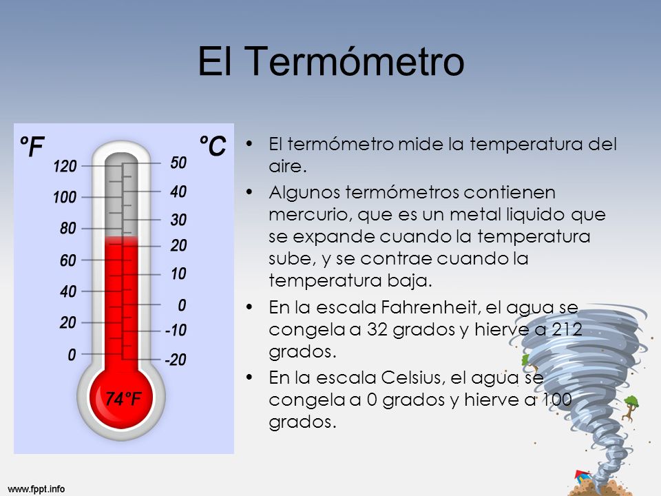 El Termómetro El termómetro mide la temperatura del aire.