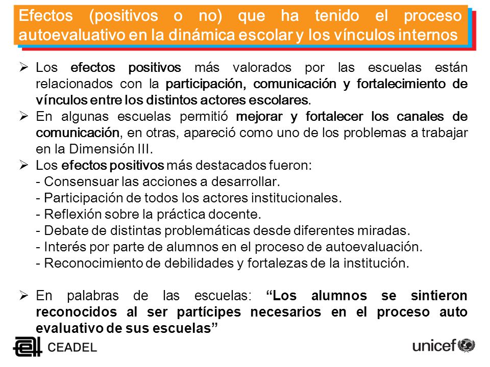 Efectos (positivos o no) que ha tenido el proceso autoevaluativo en la dinámica escolar y los vínculos internos