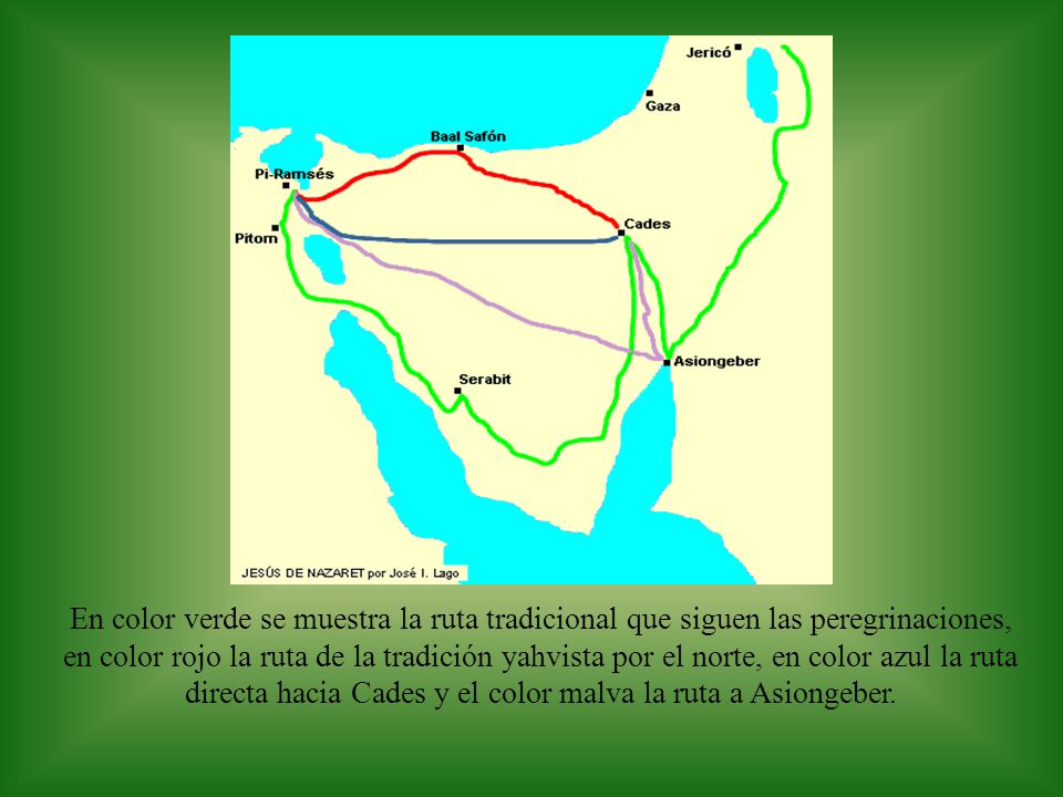 En color verde se muestra la ruta tradicional que siguen las peregrinaciones, en color rojo la ruta de la tradición yahvista por el norte, en color azul la ruta directa hacia Cades y el color malva la ruta a Asiongeber.