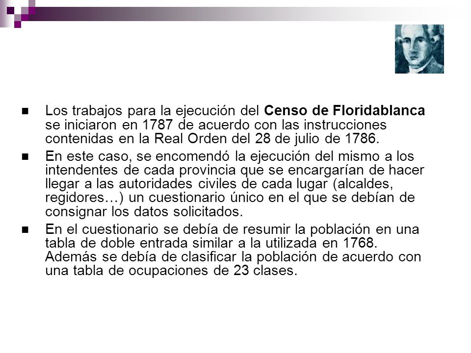Los trabajos para la ejecución del Censo de Floridablanca se iniciaron en 1787 de acuerdo con las instrucciones contenidas en la Real Orden del 28 de julio de 1786.