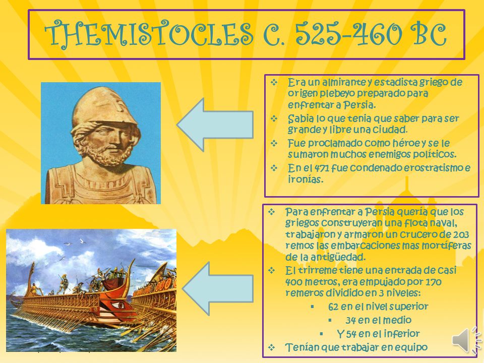 THEMISTOCLES C BC Era un almirante y estadista griego de origen plebeyo preparado para enfrentar a Persia.