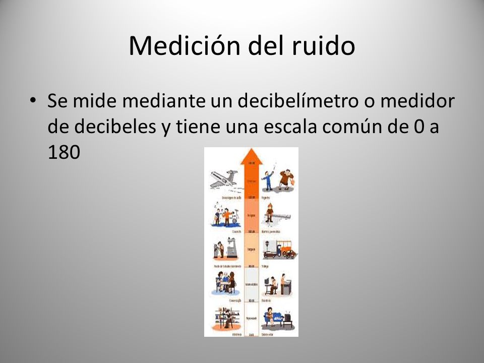 Medición del ruido Se mide mediante un decibelímetro o medidor de decibeles y tiene una escala común de 0 a 180.