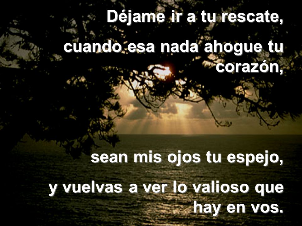 Déjame ir a tu rescate, cuando esa nada ahogue tu corazón, sean mis ojos tu espejo, y vuelvas a ver lo valioso que hay en vos.