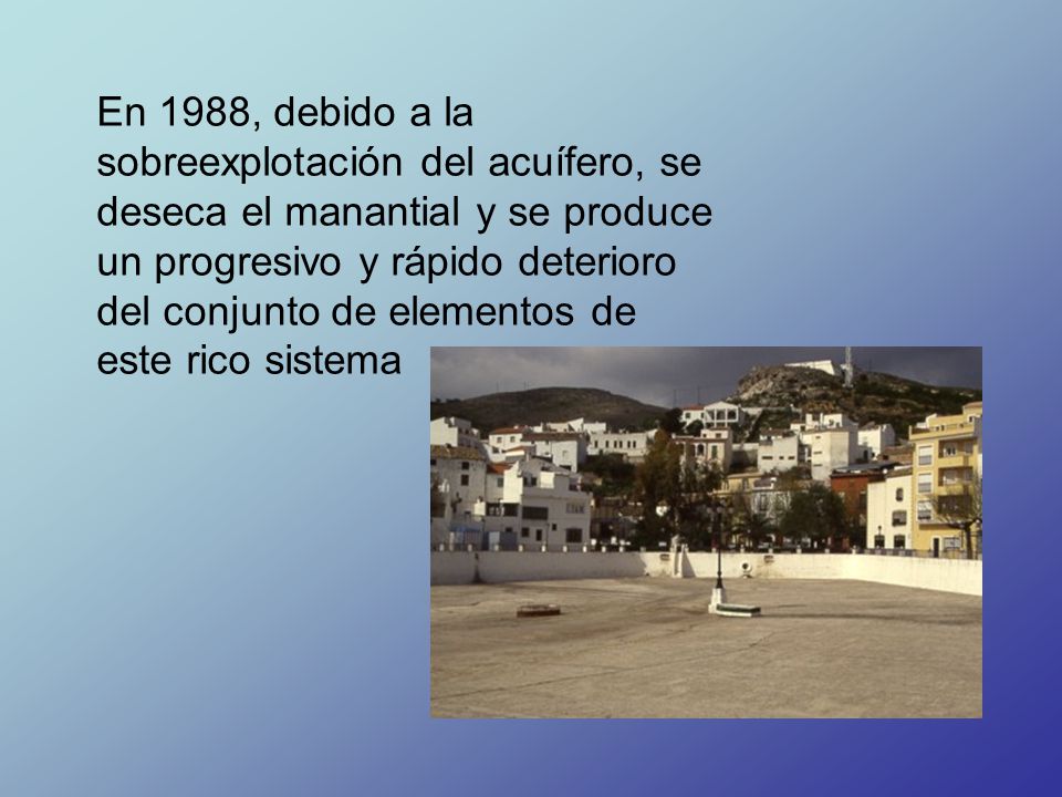 En 1988, debido a la sobreexplotación del acuífero, se deseca el manantial y se produce un progresivo y rápido deterioro del conjunto de elementos de este rico sistema