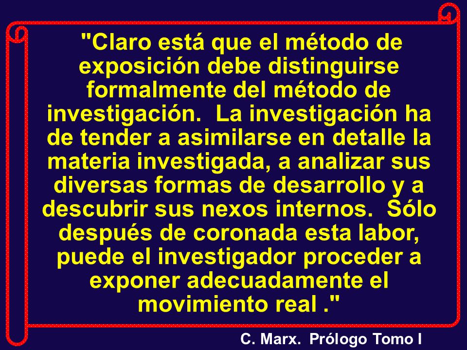 Claro está que el método de exposición debe distinguirse formalmente del método de investigación. La investigación ha de tender a asimilarse en detalle la materia investigada, a analizar sus diversas formas de desarrollo y a descubrir sus nexos internos. Sólo después de coronada esta labor, puede el investigador proceder a exponer adecuadamente el movimiento real .
