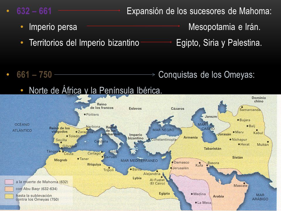632 – 661 Expansión de los sucesores de Mahoma: