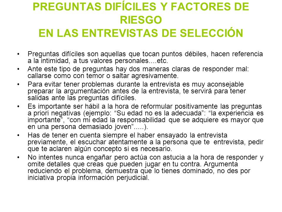 PREGUNTAS DIFÍCILES Y FACTORES DE RIESGO EN LAS ENTREVISTAS DE SELECCIÓN