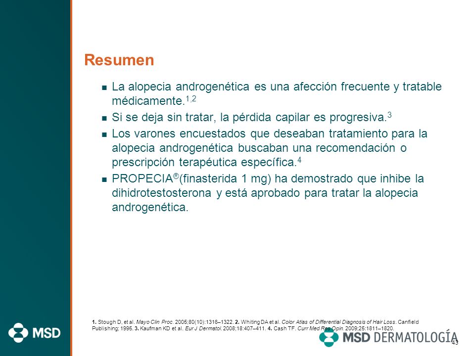 Resumen La alopecia androgenética es una afección frecuente y tratable médicamente.1,2. Si se deja sin tratar, la pérdida capilar es progresiva.3.