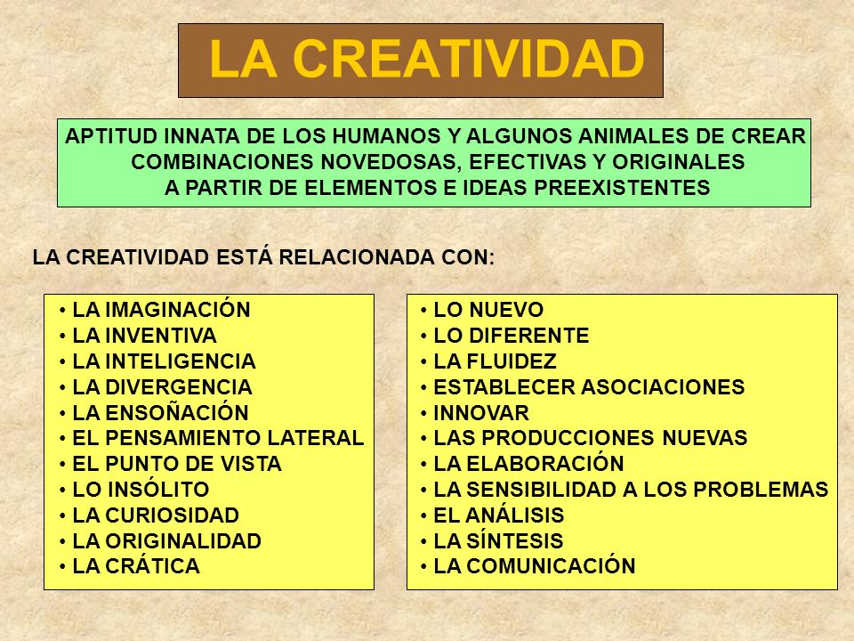 LA CREATIVIDAD APTITUD INNATA DE LOS HUMANOS Y ALGUNOS ANIMALES DE CREAR. COMBINACIONES NOVEDOSAS, EFECTIVAS Y ORIGINALES.