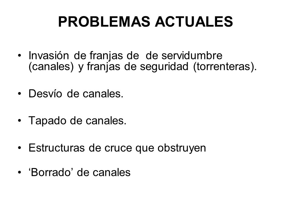 PROBLEMAS ACTUALES Invasión de franjas de de servidumbre (canales) y franjas de seguridad (torrenteras).