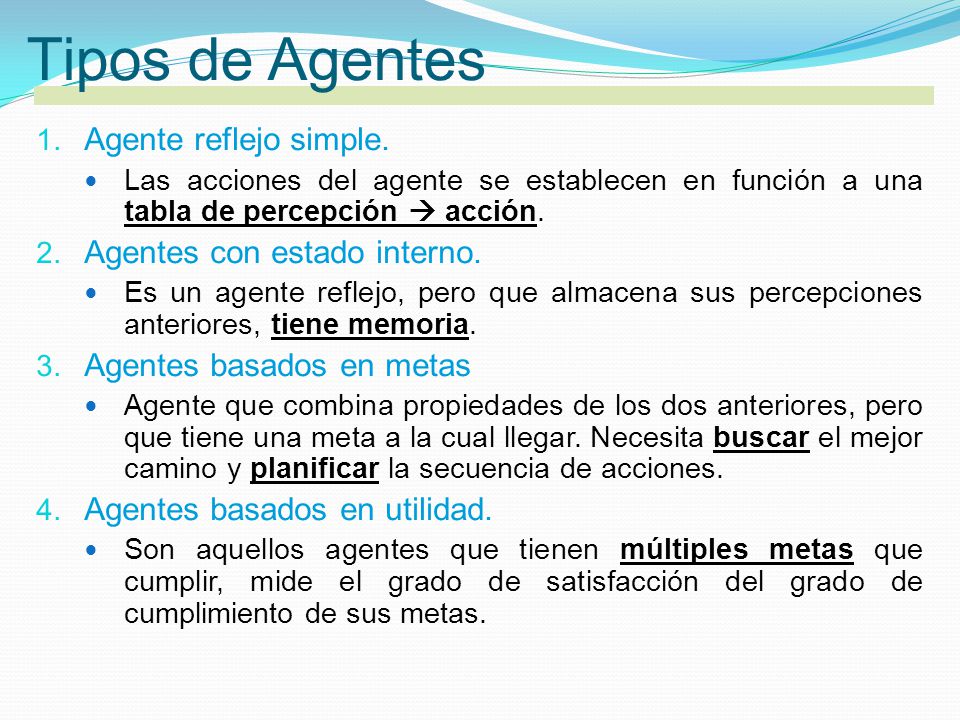 Tipos de Agentes Agente reflejo simple. Agentes con estado interno.