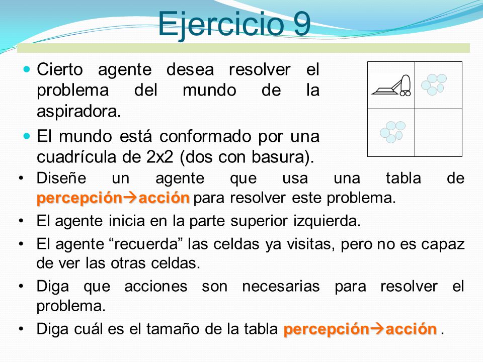 Ejercicio 9 Cierto agente desea resolver el problema del mundo de la aspiradora.