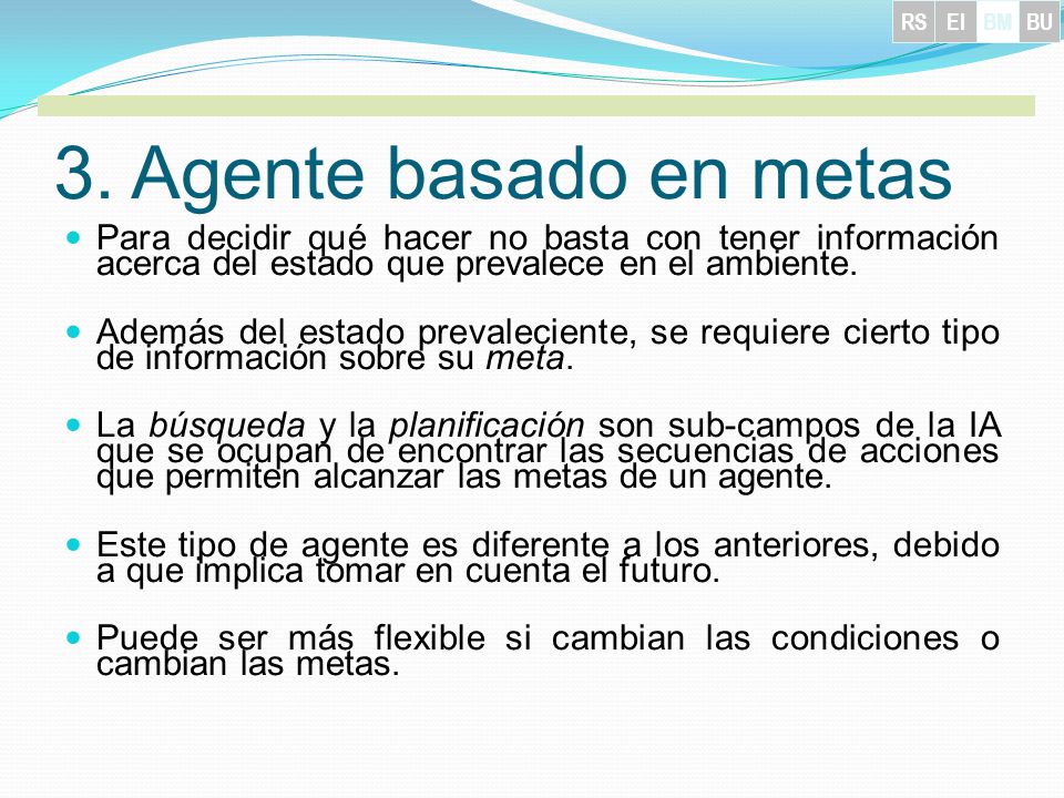 RS EI. BM. BU. 3. Agente basado en metas. Para decidir qué hacer no basta con tener información acerca del estado que prevalece en el ambiente.