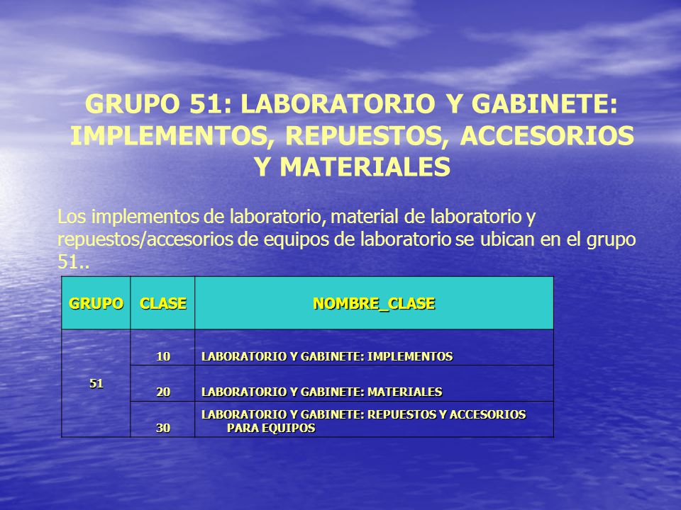 GRUPO 51: LABORATORIO Y GABINETE: IMPLEMENTOS, REPUESTOS, ACCESORIOS Y MATERIALES