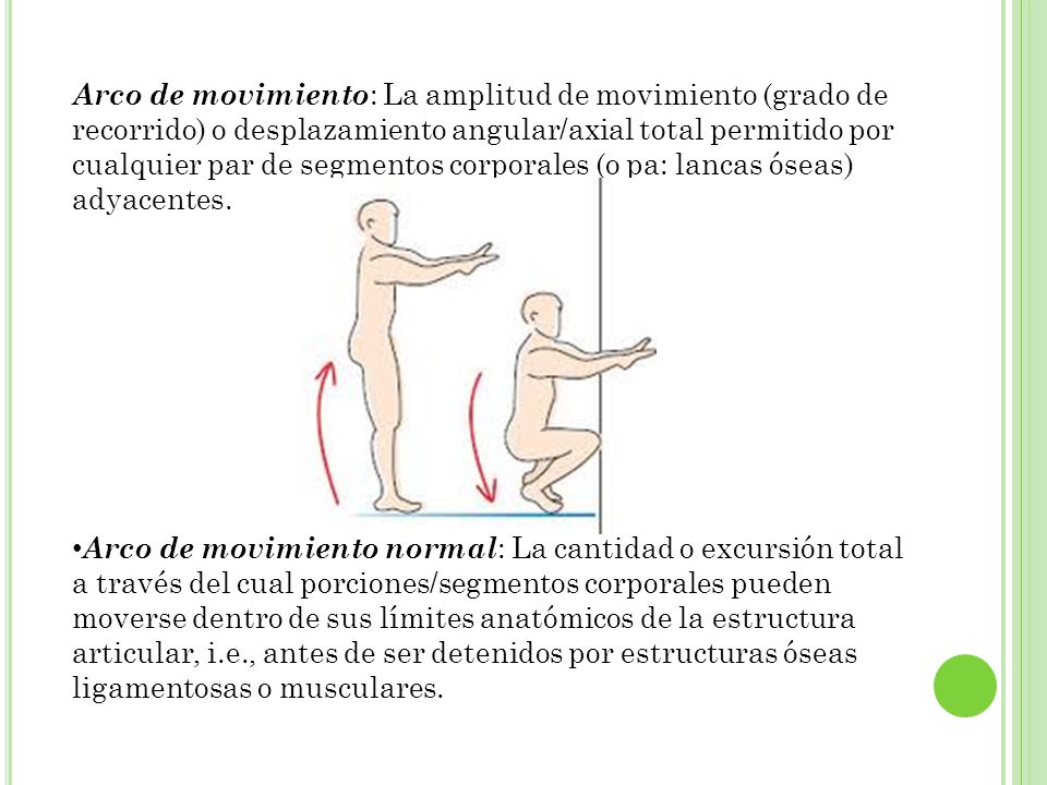 Arco de movimiento: La amplitud de movimiento (grado de recorrido) o desplazamiento angular/axial total permitido por cualquier par de segmentos corporales (o pa: lancas óseas) adyacentes.