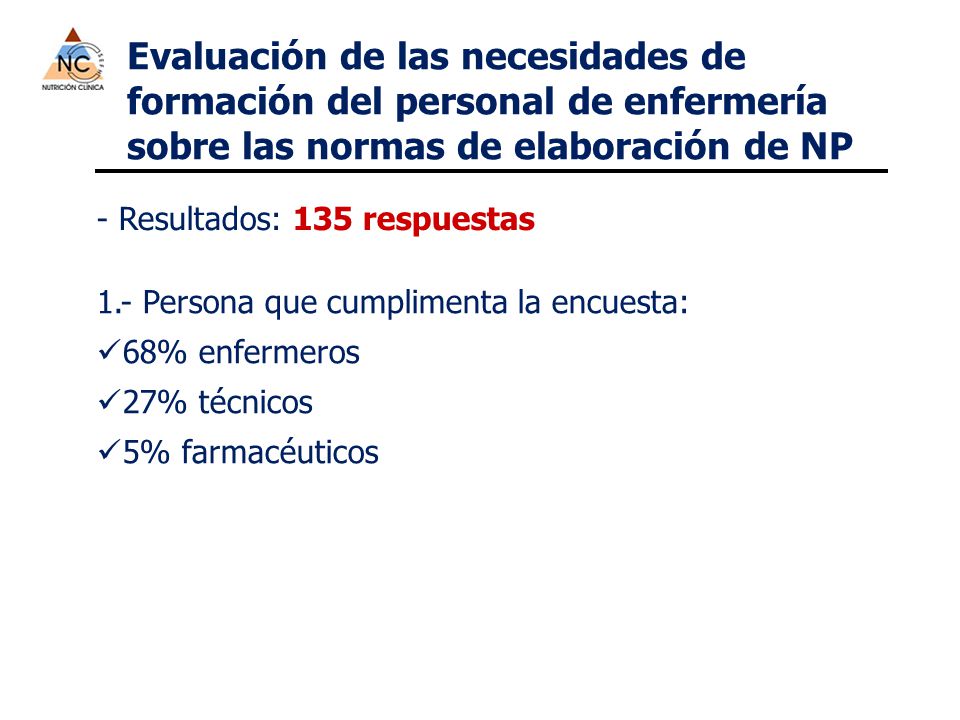 Evaluación de las necesidades de formación del personal de enfermería sobre las normas de elaboración de NP