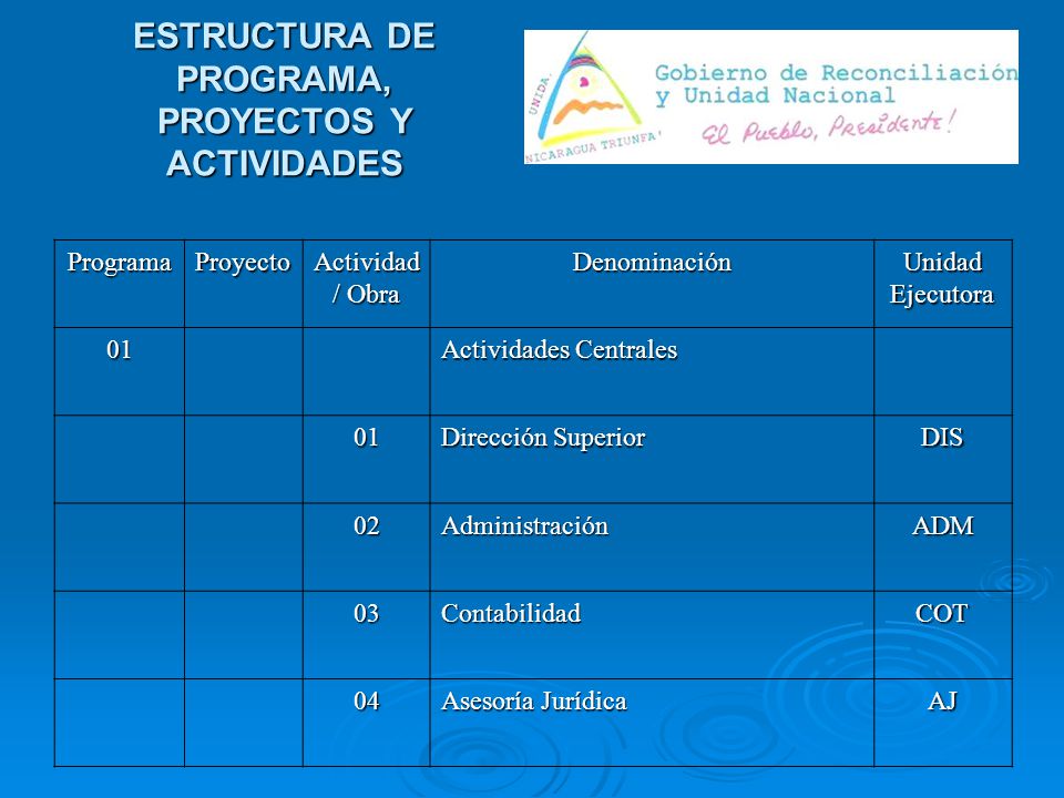 ESTRUCTURA DE PROGRAMA, PROYECTOS Y ACTIVIDADES