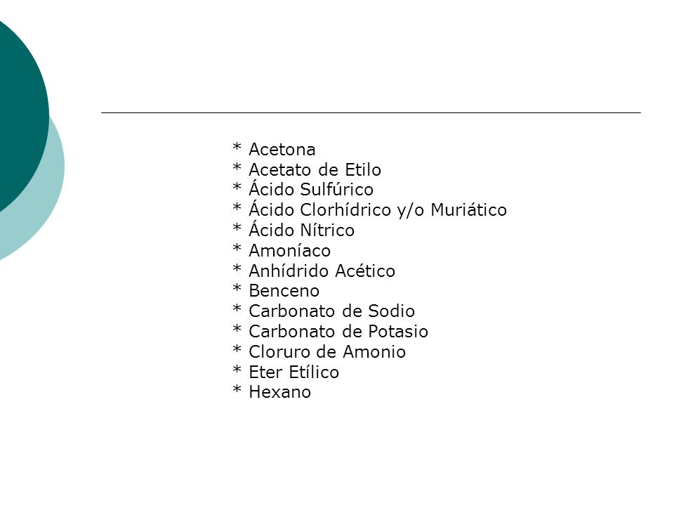 * Acetona * Acetato de Etilo. * Ácido Sulfúrico. * Ácido Clorhídrico y/o Muriático. * Ácido Nítrico.