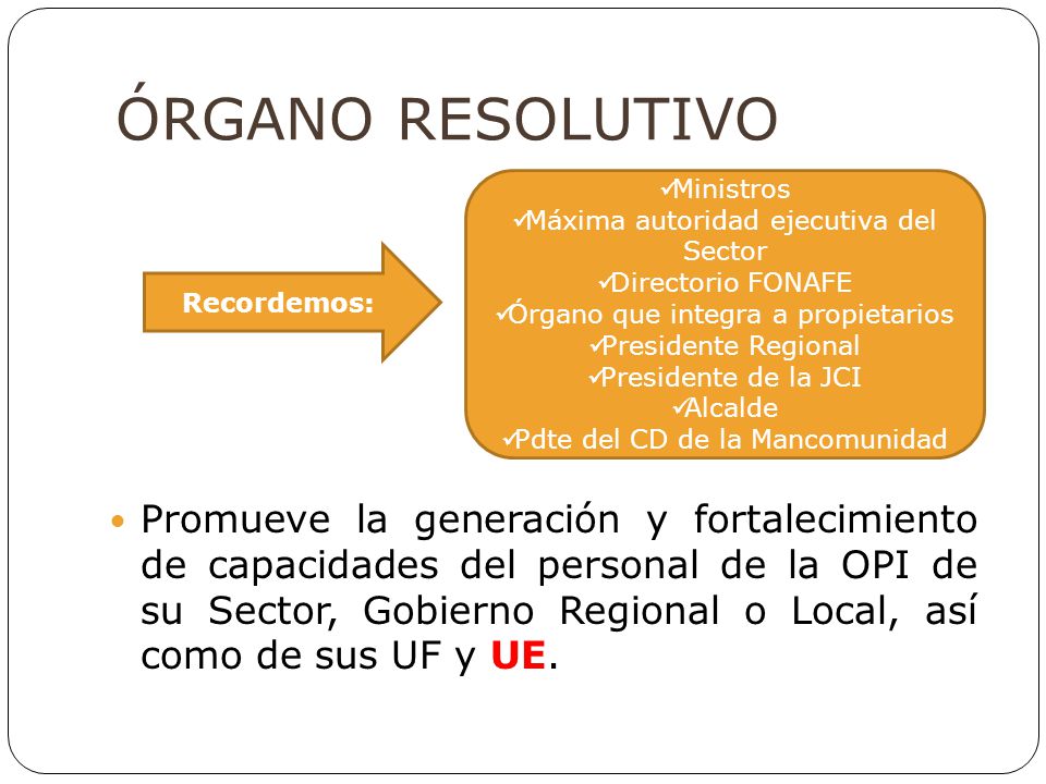 ÓRGANO RESOLUTIVO Ministros. Máxima autoridad ejecutiva del Sector. Directorio FONAFE. Órgano que integra a propietarios.