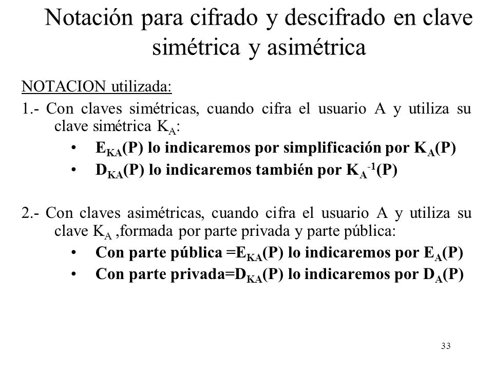 Notación para cifrado y descifrado en clave simétrica y asimétrica