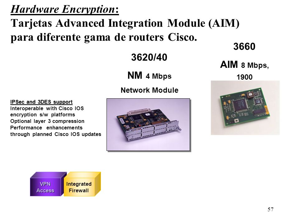Hardware Encryption: Tarjetas Advanced Integration Module (AIM) para diferente gama de routers Cisco.
