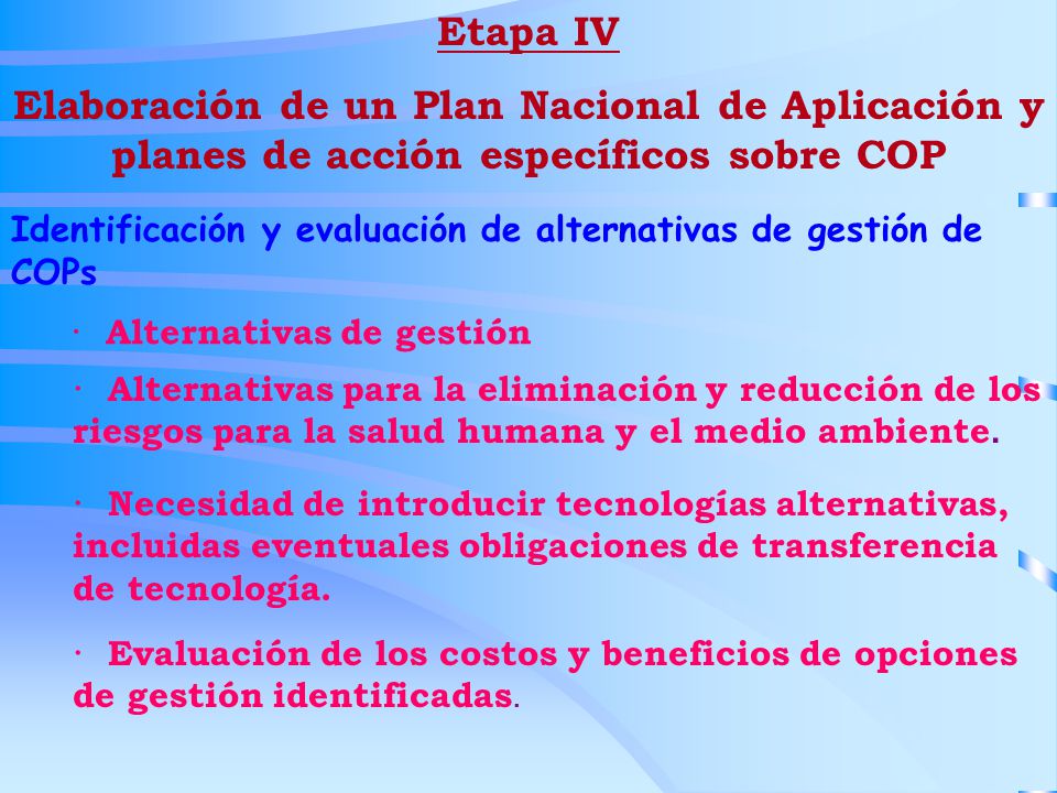 Etapa IV Elaboración de un Plan Nacional de Aplicación y planes de acción específicos sobre COP.