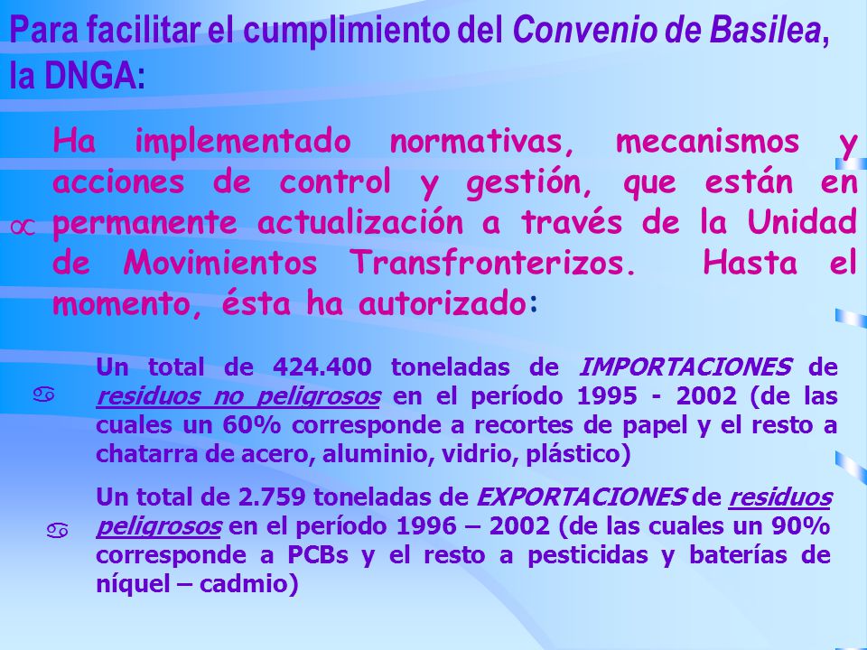 Para facilitar el cumplimiento del Convenio de Basilea, la DNGA: