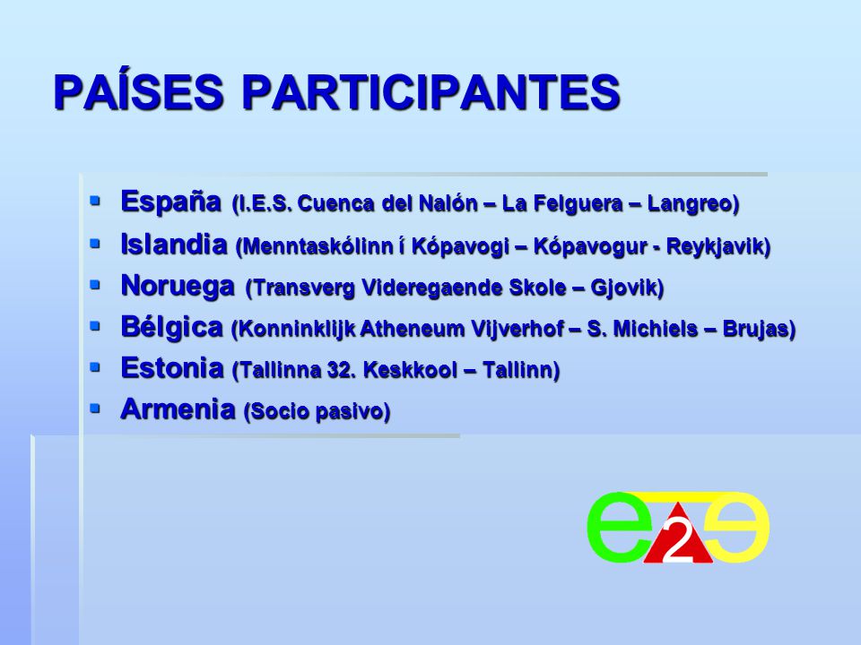 PAÍSES PARTICIPANTES España (I.E.S. Cuenca del Nalón – La Felguera – Langreo) Islandia (Menntaskólinn í Kópavogi – Kópavogur - Reykjavik)