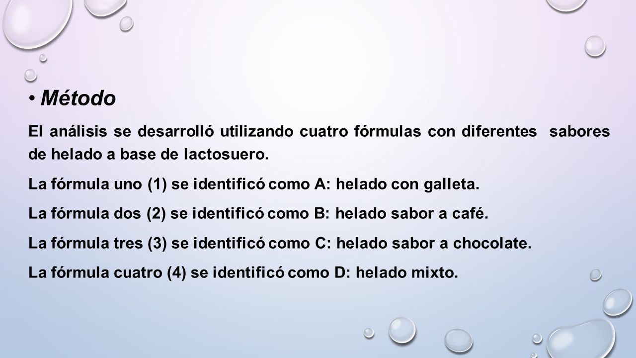 Método El análisis se desarrolló utilizando cuatro fórmulas con diferentes sabores de helado a base de lactosuero.