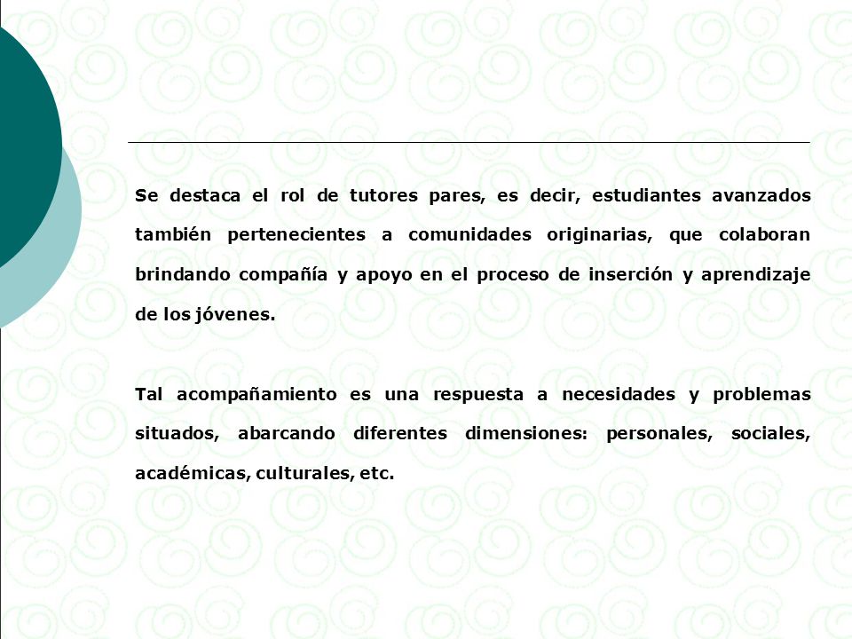 Se destaca el rol de tutores pares, es decir, estudiantes avanzados también pertenecientes a comunidades originarias, que colaboran brindando compañía y apoyo en el proceso de inserción y aprendizaje de los jóvenes.