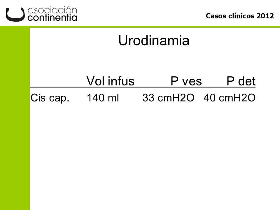 Urodinamia Vol infus P ves P det Cis cap. 140 ml 33 cmH2O 40 cmH2O