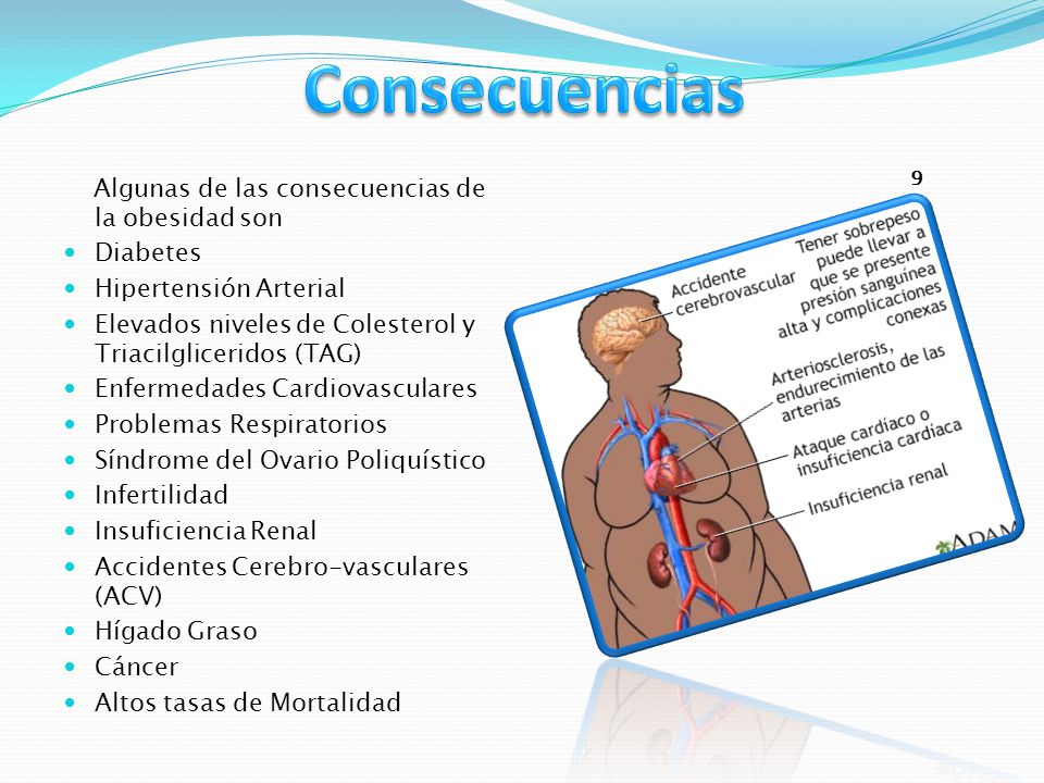 Consecuencias 9 Algunas de las consecuencias de la obesidad son