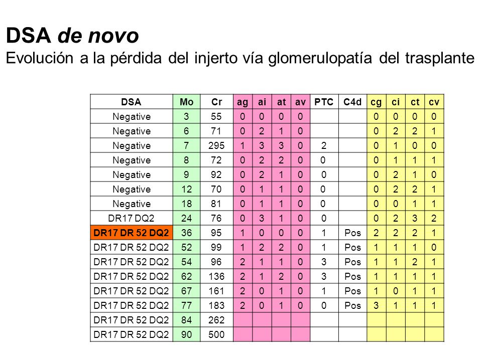 DSA de novo Evolución a la pérdida del injerto vía glomerulopatía del trasplante