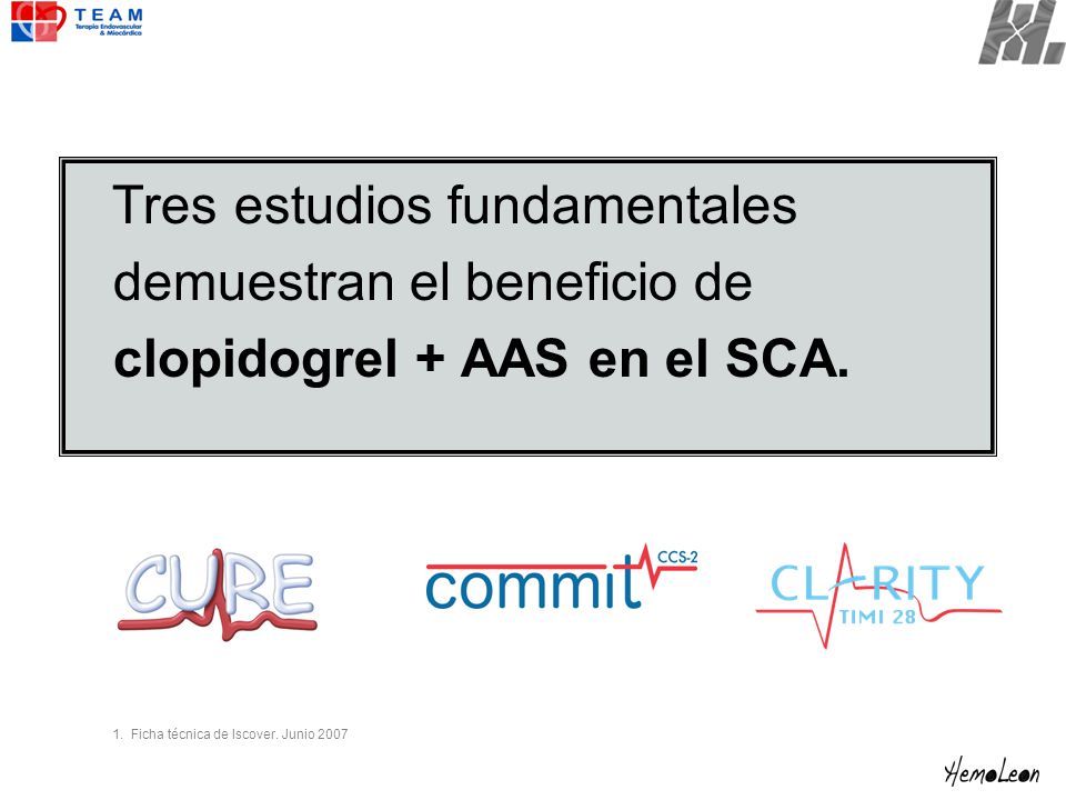 Tres estudios fundamentales demuestran el beneficio de clopidogrel + AAS en el SCA.
