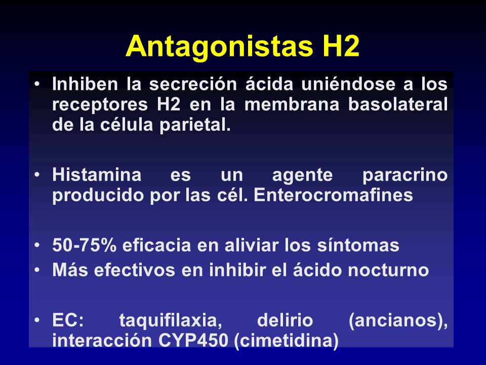 Antagonistas H2 Inhiben la secreción ácida uniéndose a los receptores H2 en la membrana basolateral de la célula parietal.