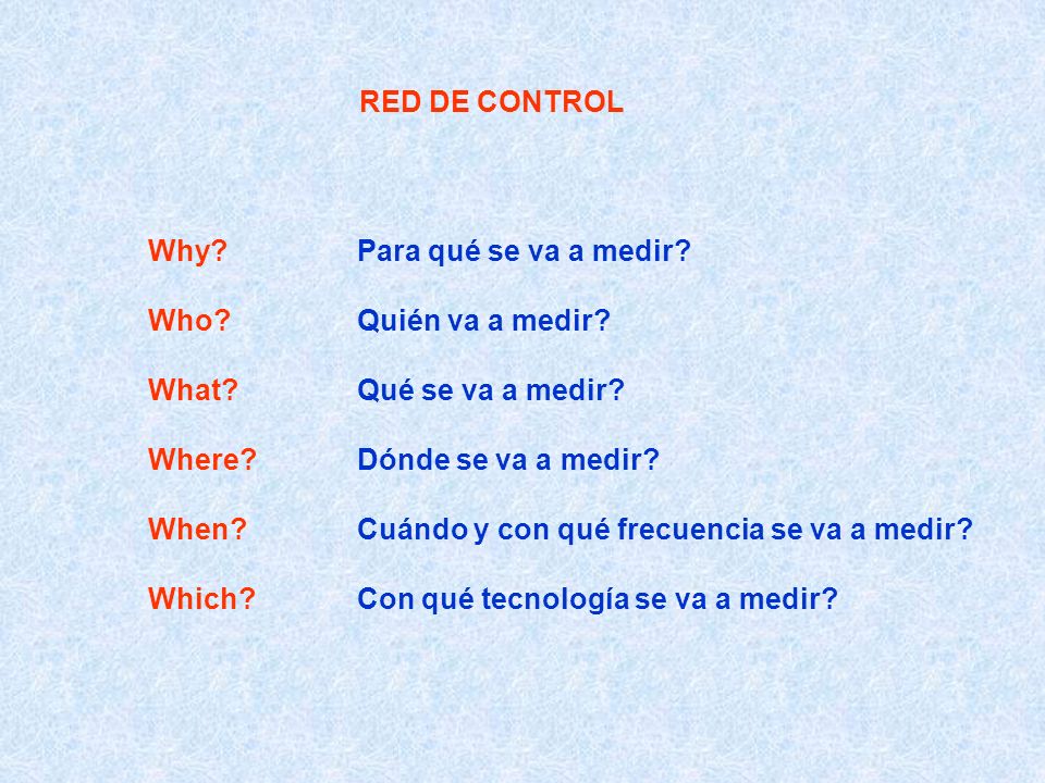 RED DE CONTROL Why Para qué se va a medir Who Quién va a medir What Qué se va a medir Where Dónde se va a medir