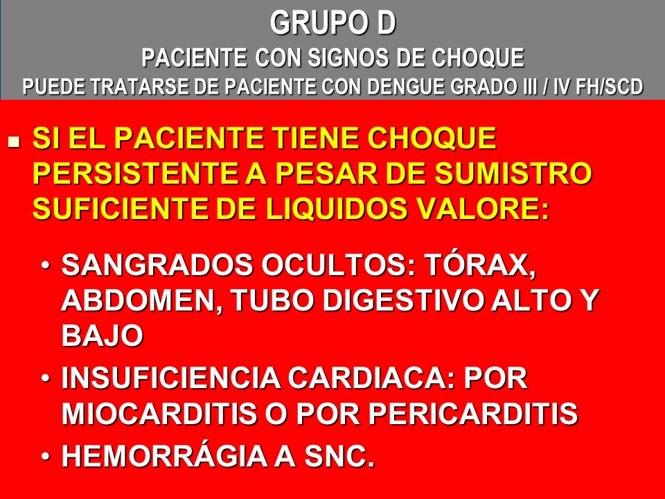 GRUPO D PACIENTE CON SIGNOS DE CHOQUE PUEDE TRATARSE DE PACIENTE CON DENGUE GRADO III / IV FH/SCD
