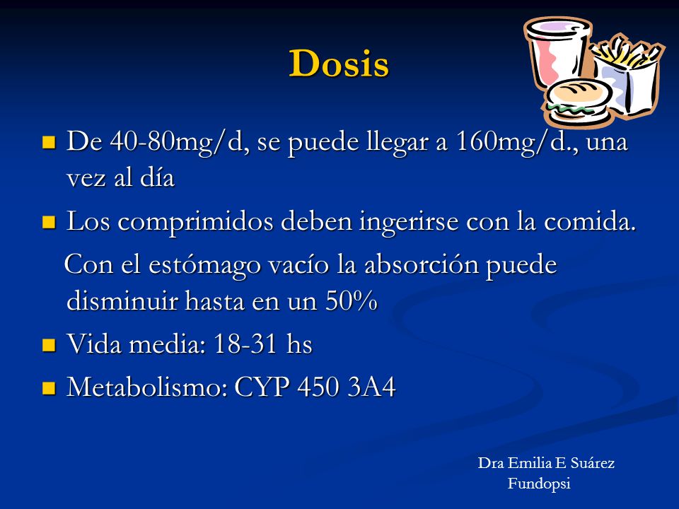Dosis De 40-80mg/d, se puede llegar a 160mg/d., una vez al día