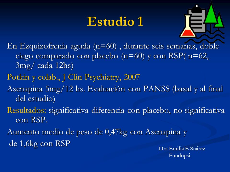 Estudio 1 En Ezquizofrenia aguda (n=60) , durante seis semanas, doble ciego comparado con placebo (n=60) y con RSP( n=62, 3mg/ cada 12hs)