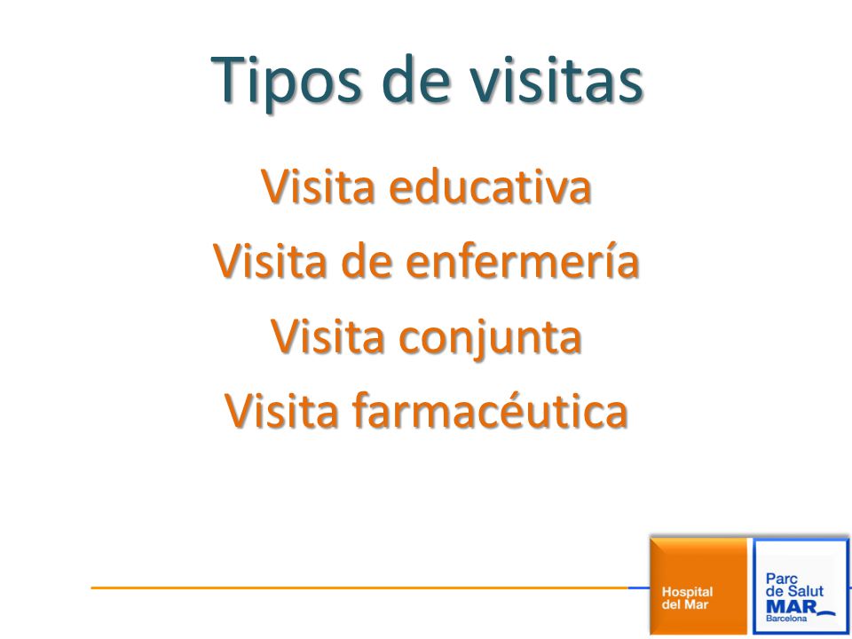 Tipos de visitas Visita educativa Visita de enfermería Visita conjunta Visita farmacéutica