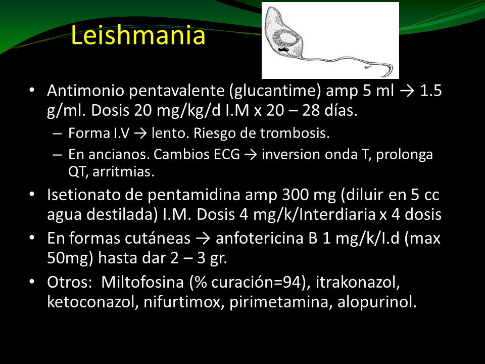 Leishmania Antimonio pentavalente (glucantime) amp 5 ml → 1.5 g/ml. Dosis 20 mg/kg/d I.M x 20 – 28 días.