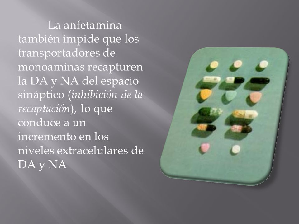 La anfetamina también impide que los transportadores de monoaminas recapturen la DA y NA del espacio sináptico (inhibición de la recaptación), lo que conduce a un incremento en los niveles extracelulares de DA y NA
