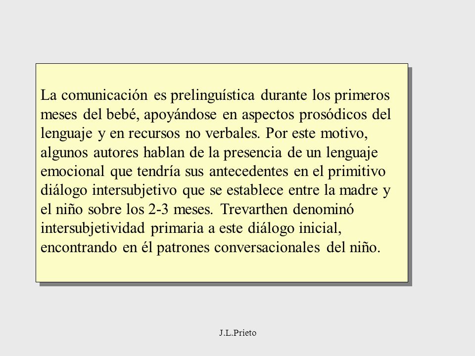 La comunicación es prelinguística durante los primeros meses del bebé, apoyándose en aspectos prosódicos del lenguaje y en recursos no verbales. Por este motivo, algunos autores hablan de la presencia de un lenguaje emocional que tendría sus antecedentes en el primitivo diálogo intersubjetivo que se establece entre la madre y el niño sobre los 2-3 meses. Trevarthen denominó intersubjetividad primaria a este diálogo inicial, encontrando en él patrones conversacionales del niño.