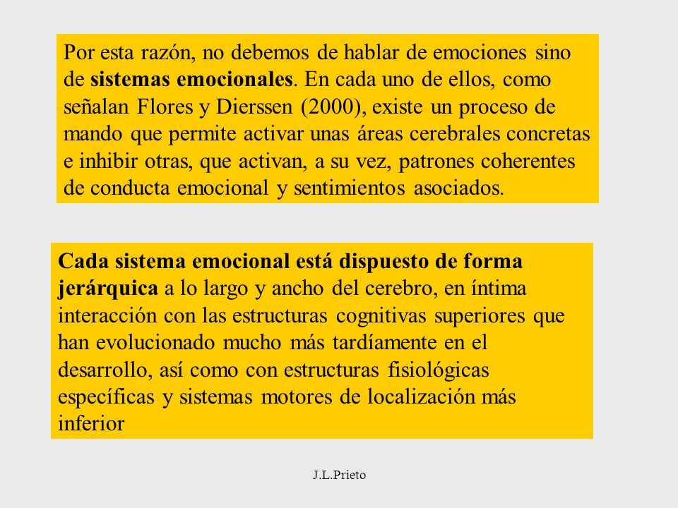 Por esta razón, no debemos de hablar de emociones sino de sistemas emocionales. En cada uno de ellos, como señalan Flores y Dierssen (2000), existe un proceso de mando que permite activar unas áreas cerebrales concretas e inhibir otras, que activan, a su vez, patrones coherentes de conducta emocional y sentimientos asociados.