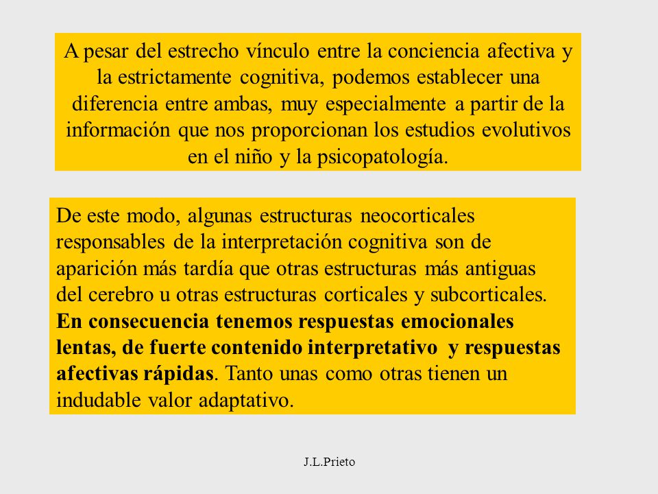 A pesar del estrecho vínculo entre la conciencia afectiva y la estrictamente cognitiva, podemos establecer una diferencia entre ambas, muy especialmente a partir de la información que nos proporcionan los estudios evolutivos en el niño y la psicopatología.