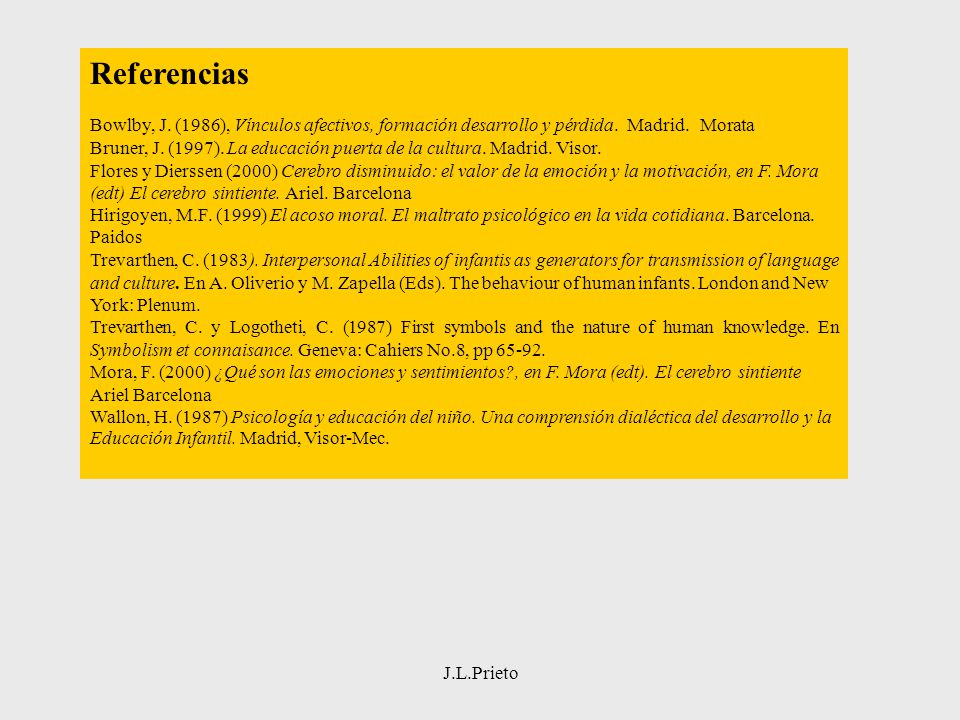 Referencias Bowlby, J. (1986), Vínculos afectivos, formación desarrollo y pérdida. Madrid. Morata.