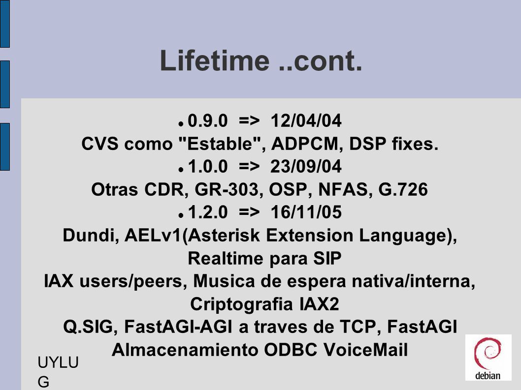 Lifetime ..cont => 12/04/04. CVS como Estable , ADPCM, DSP fixes => 23/09/04. Otras CDR, GR-303, OSP, NFAS, G.726.