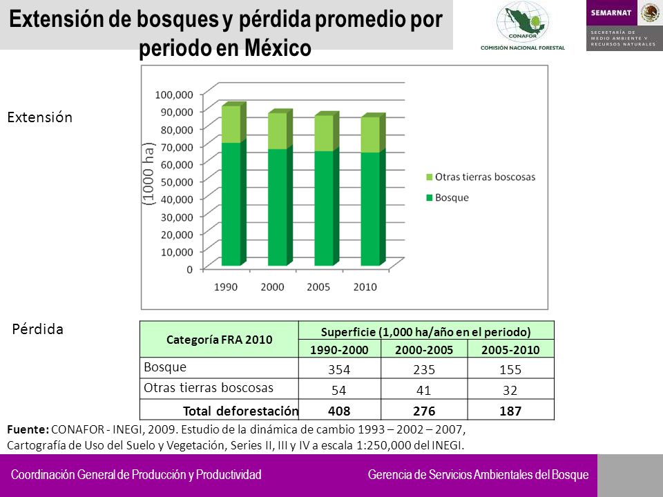 Extensión de bosques y pérdida promedio por periodo en México